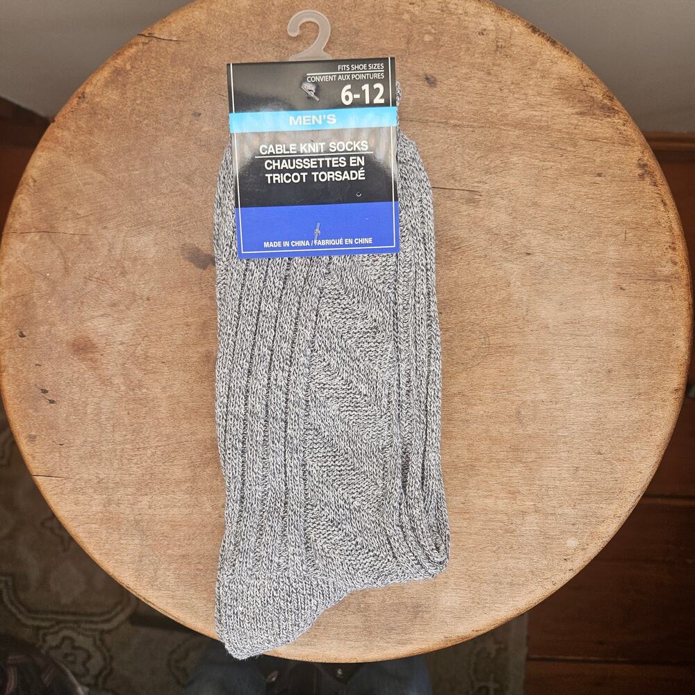 New! Greenbrier Men's Cable Knit Socks, Gray, Sz 6-12